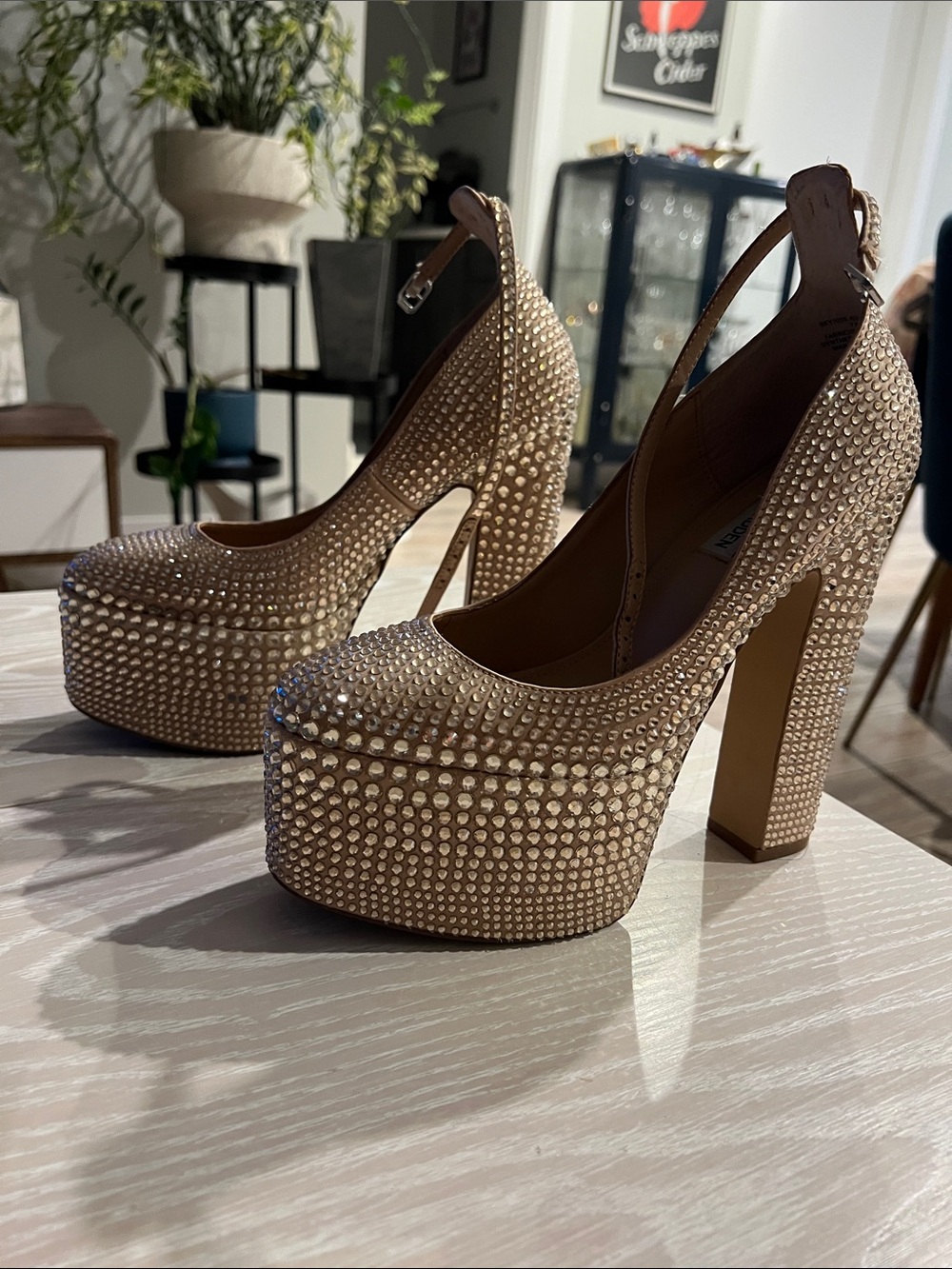 Steve Madden Champagne Crystal Platform Block Heels